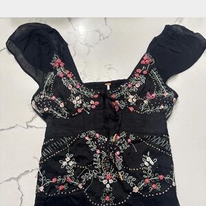Free People Black Floral Embroidered Blouse